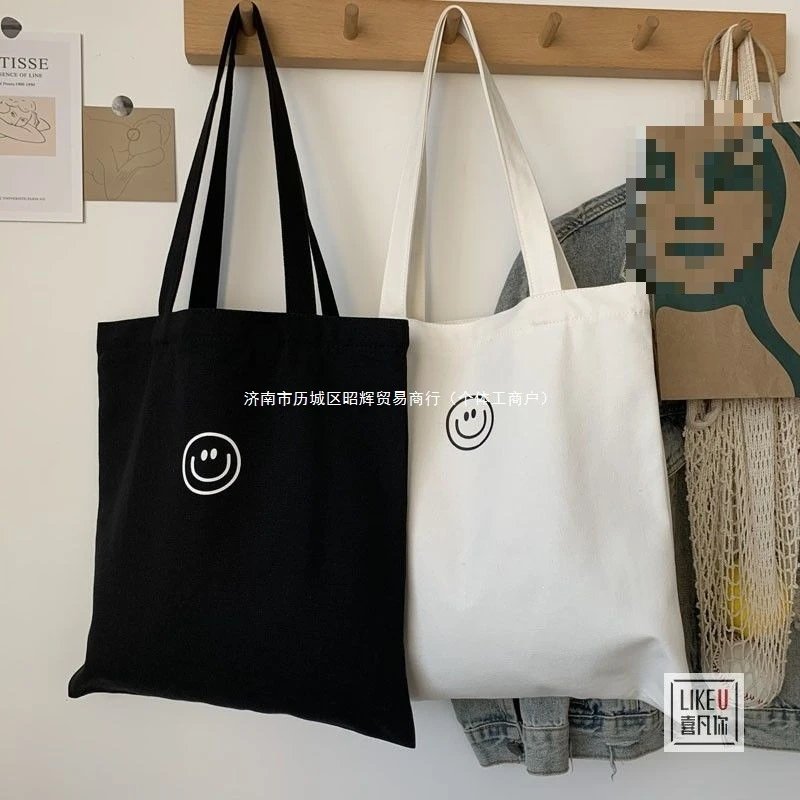 Canvas Tote Bag Black White Smiley Face Casual