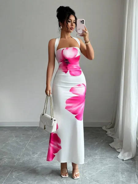 Design Floral Print Halter Neck Maxi Dress Beige Red - 18