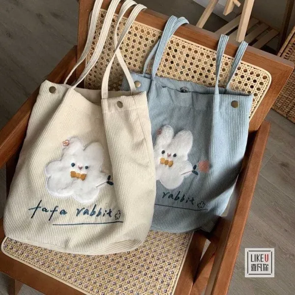 Design Tomato Rabbit Corduroy Tote Bag Beige - 14
