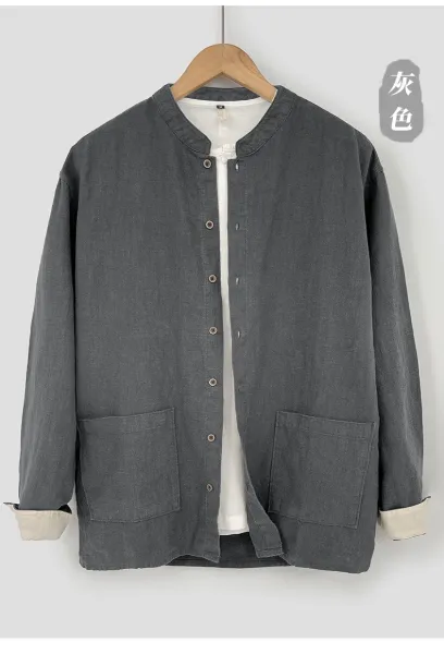 Design Mandarin Collar Linen Blend Jacket Gray Outerwear Jacket - 11