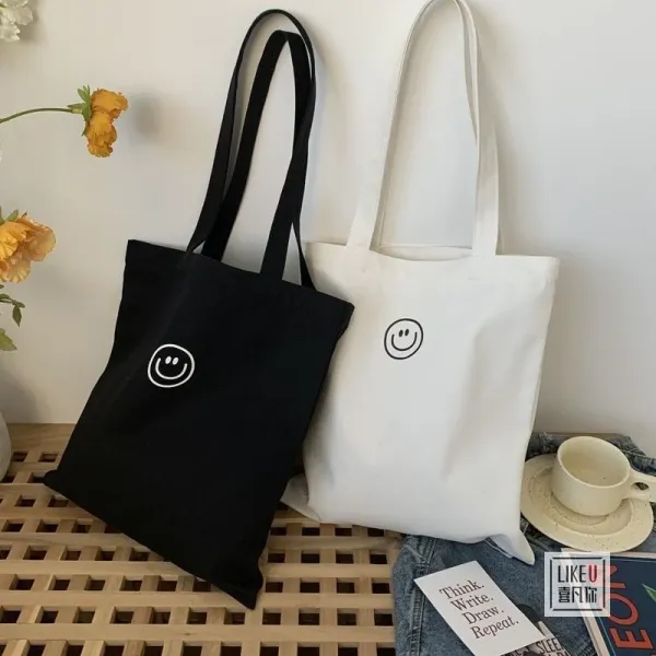 Design Smiley Face Canvas Tote Bag Black - 16