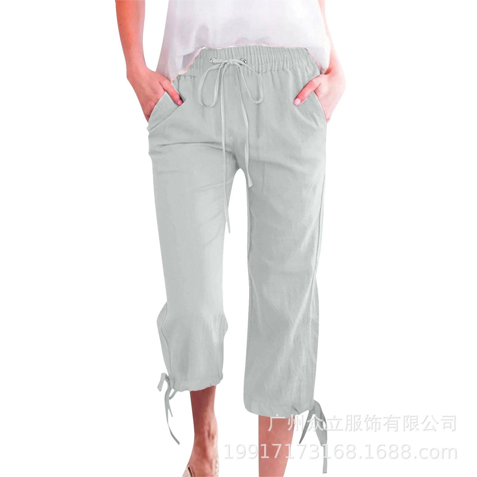Design Capri Pants Light Blue Drawstring Waist with Cuff Ties - 8
