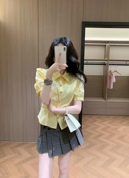 Design Pink Ruched Collar Shirt with Pleated Gray Plaid Skirt Clothing - 6