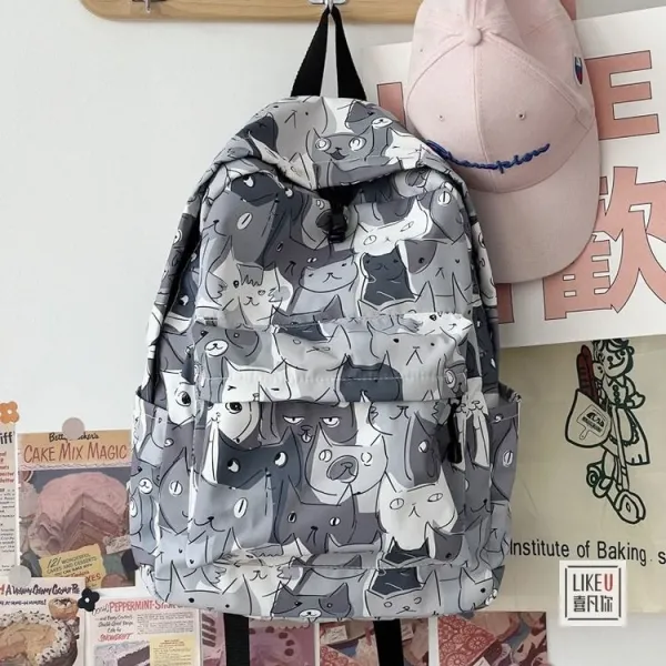 Design Cat Print Gray Multicolor Casual Backpack - 11