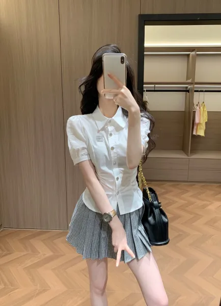 Design Pink Ruched Collar Shirt with Pleated Gray Plaid Skirt Clothing - 10