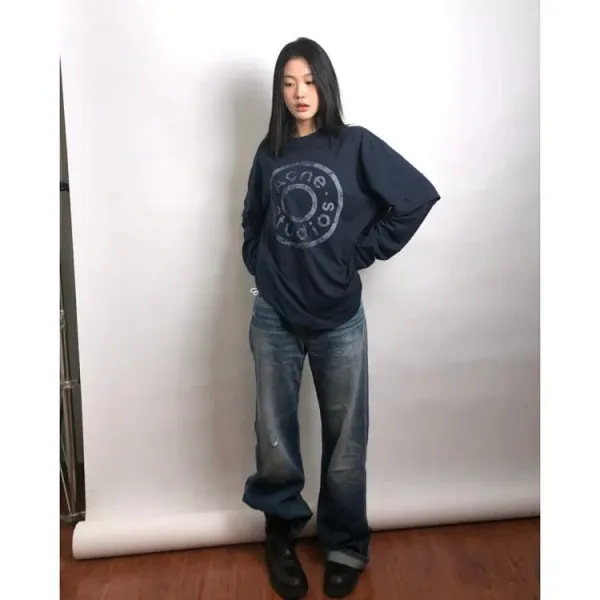 Acne Studios Distressed Logo Print Long-Sleeve T-Shirt Navy - 8