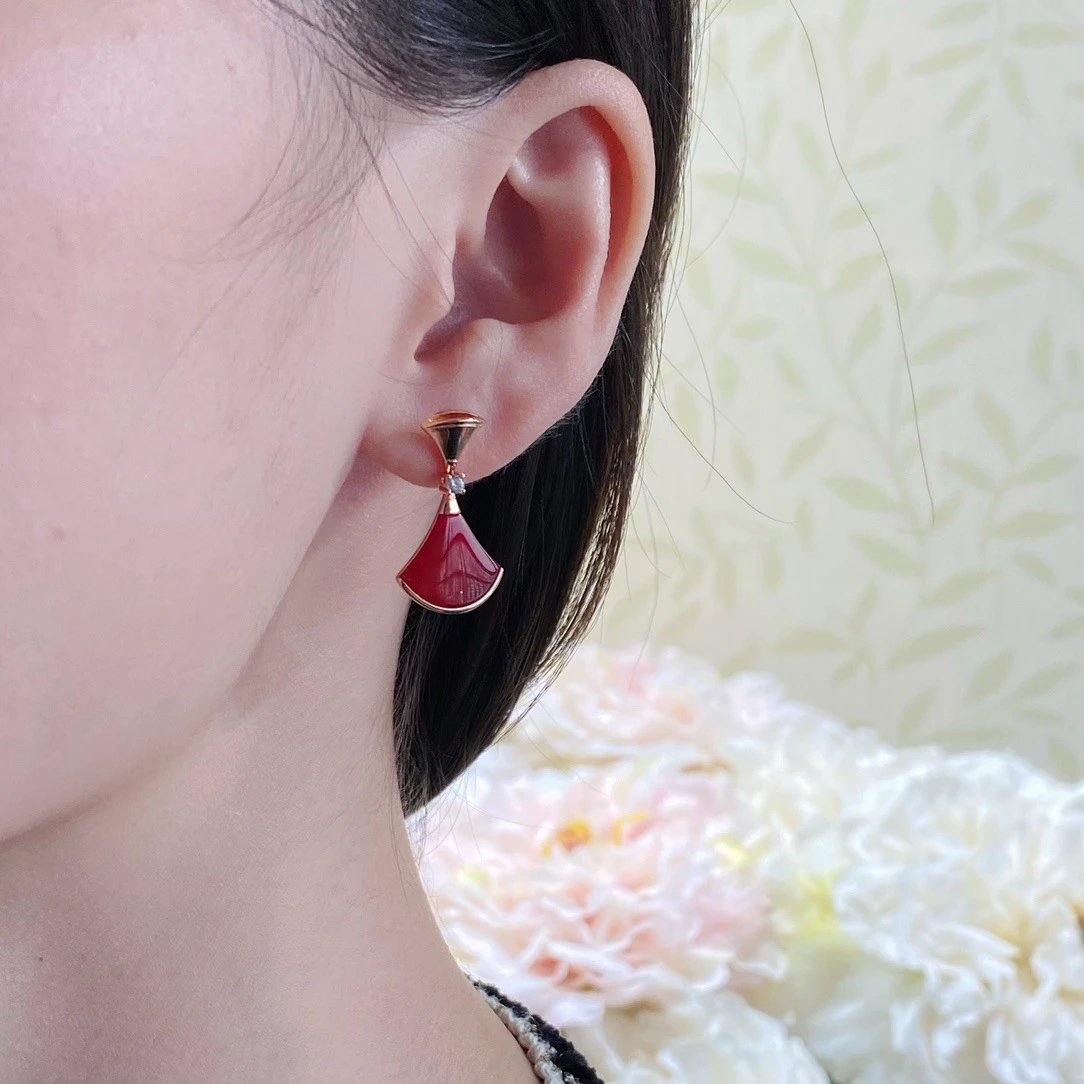 Design Fan-Shaped Enamel Earrings Red Gold Jewelry - 12