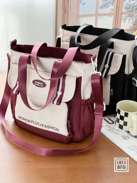 Design FUMIAO Monday Lucy Fashion Tote Bag Burgundy and Cream Tote Bag - 6