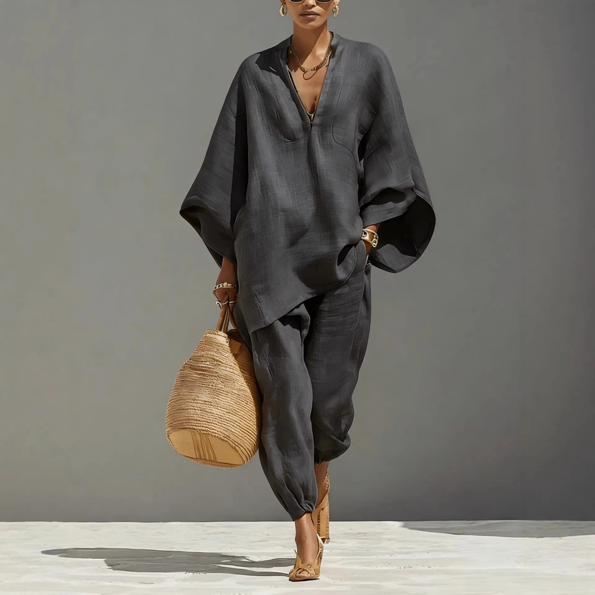 Oversized Linen Shirt and Cropped Pants Set Gray