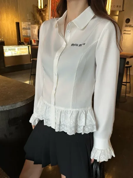 Miu Miu Embroidered Lace-Hem Shirt White - 1
