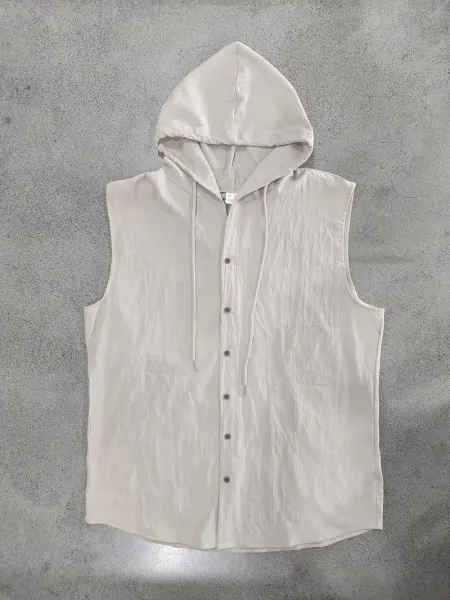 Design Sleeveless Hooded Button-Up Shirt White Tops - 6