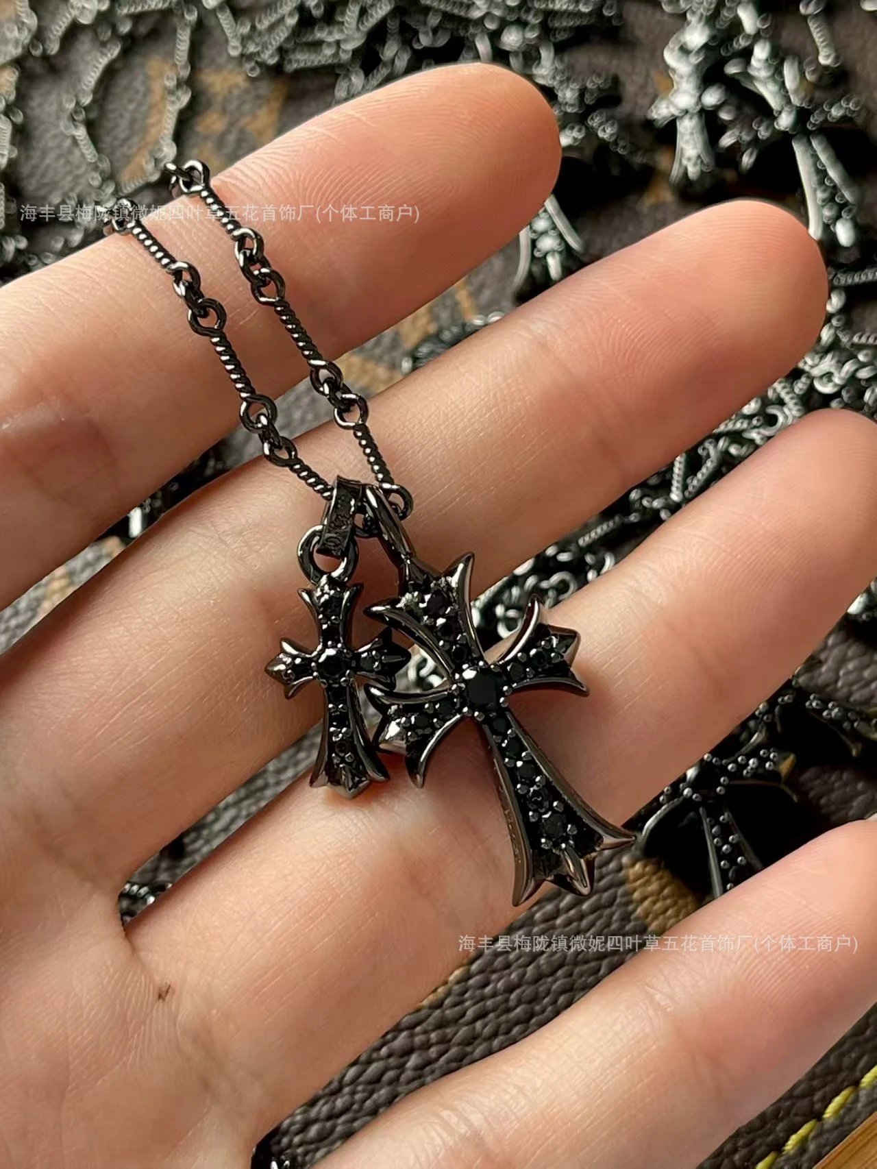 Chrome Hearts Cross Pendant Necklace Black Rhinestone Jewelry