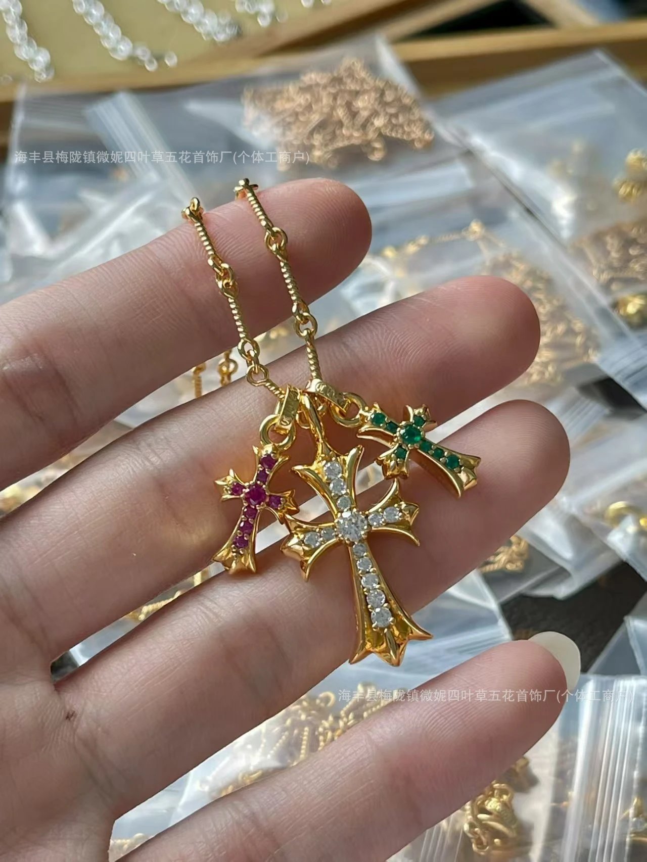 Chrome Hearts Cross Pendant Necklace Set Gold with Ruby Emerald and CZ Jewelry