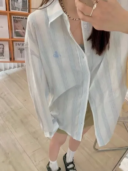 Vivienne Westwood Orb Logo Striped Cotton Shirt White / Blue Tops Shirt - 4
