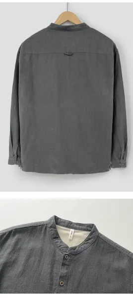 Design Mandarin Collar Linen Blend Jacket Gray Outerwear Jacket - 12