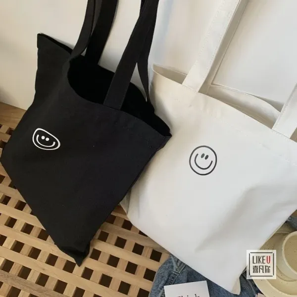Design Smiley Face Canvas Tote Bag Black - 17