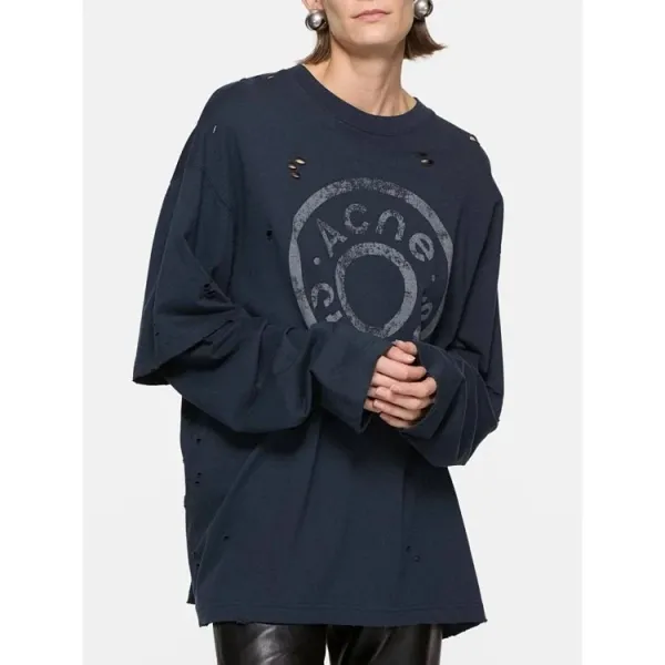 Acne Studios Distressed Logo Print Long-Sleeve T-Shirt Navy - 6