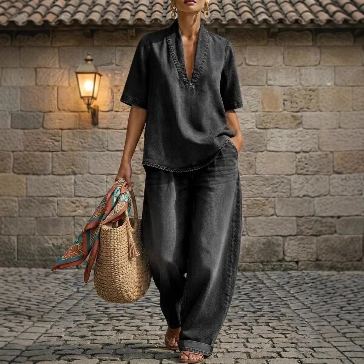 Denim V-Neck Short Sleeve Top And Wide Leg Pants Set Blue Casual