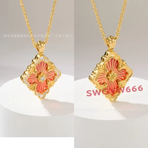 Design Floral Enamel Earrings with Red Guilloché Enamel and Cubic Zirconia - 23