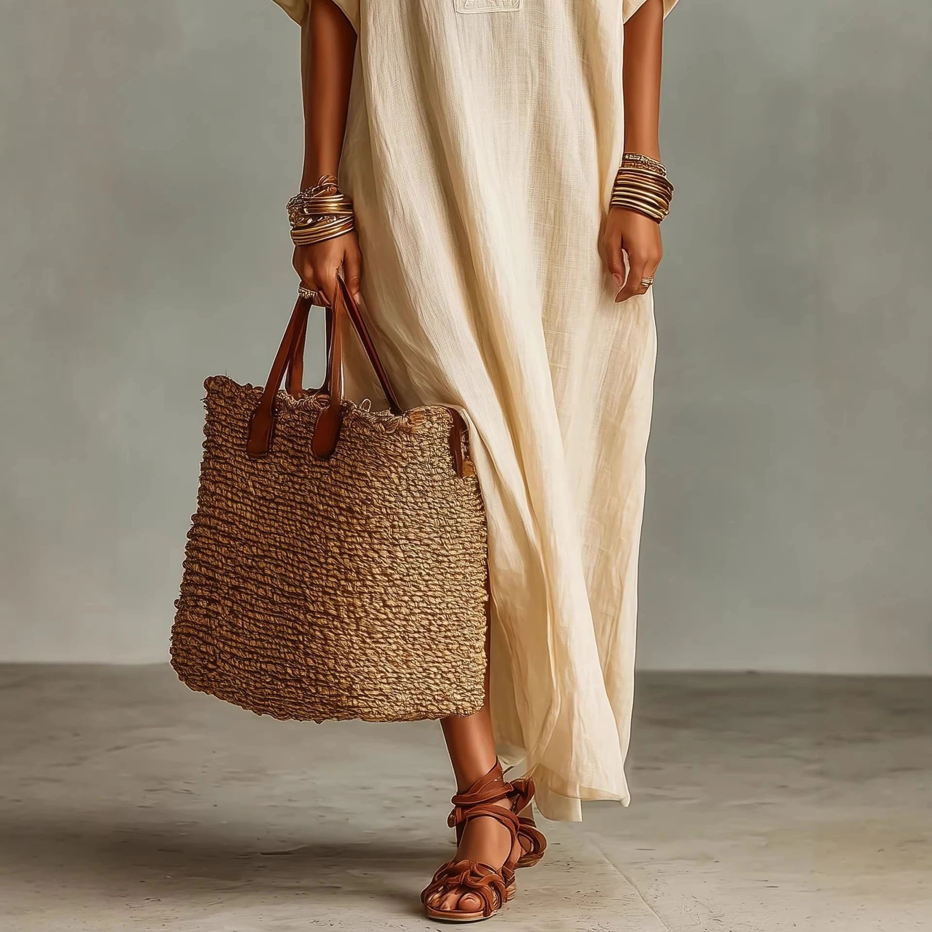 Linen Kaftan Dress Cream Embroidered Bohemian Maxi