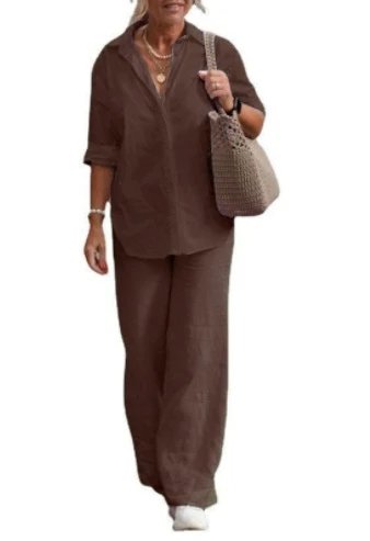 Linen Blend Shirt and Pants Set Green Casual