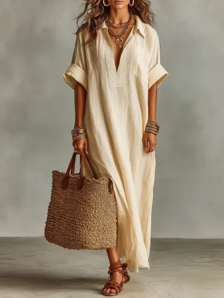 Design Caftan-Style Linen Dress Beige Shirt-Dress - 8