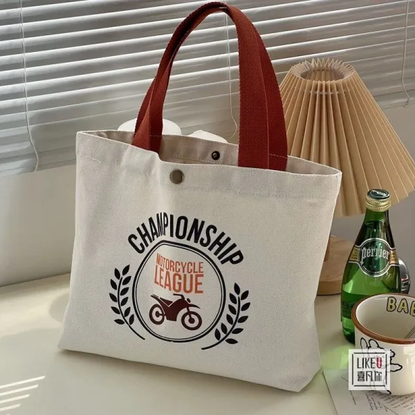 Design Championship Motorcycle League Tote Bag White with Rust Handles - 1