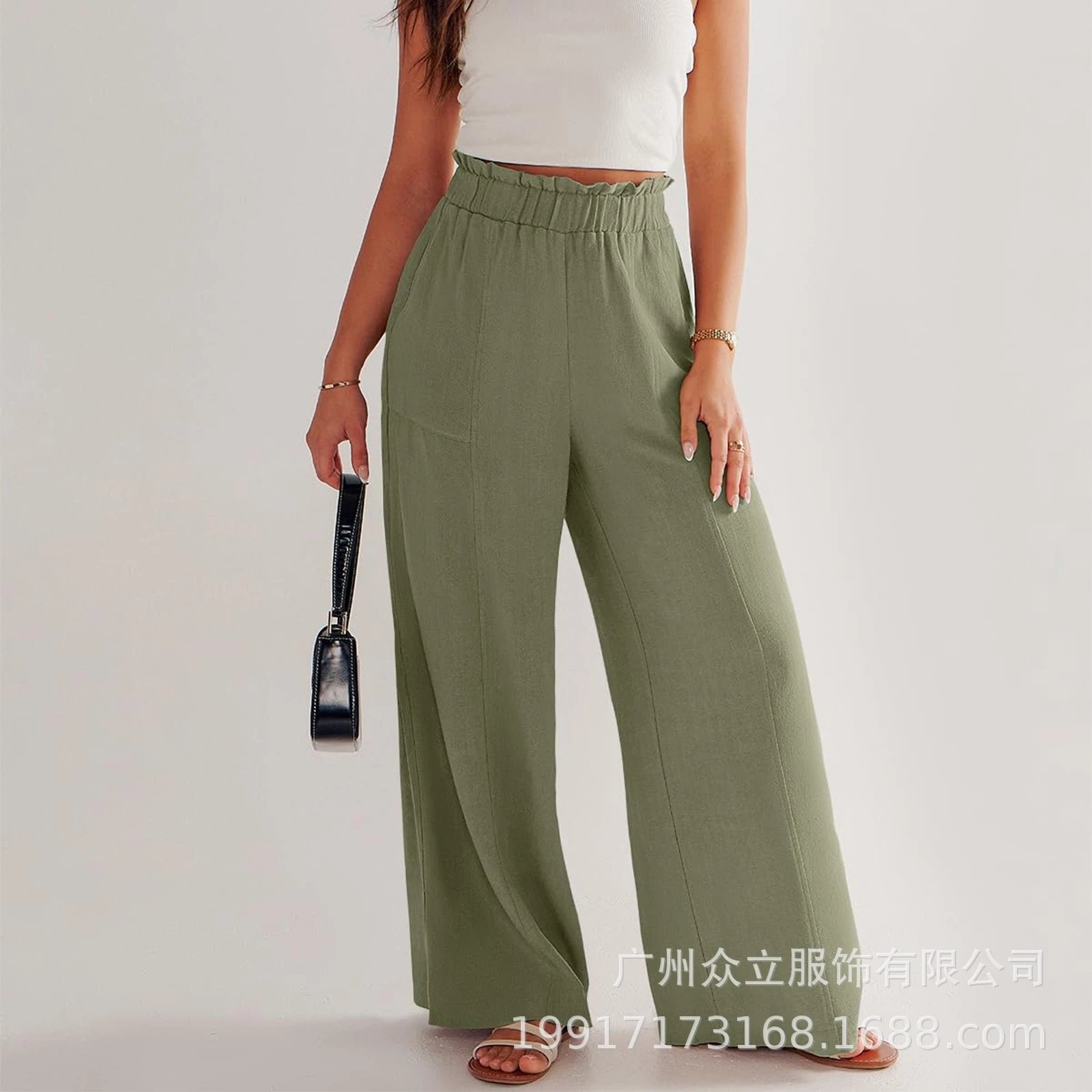 Design Wide-Leg Elastic Waist Pants Olive Green - 17