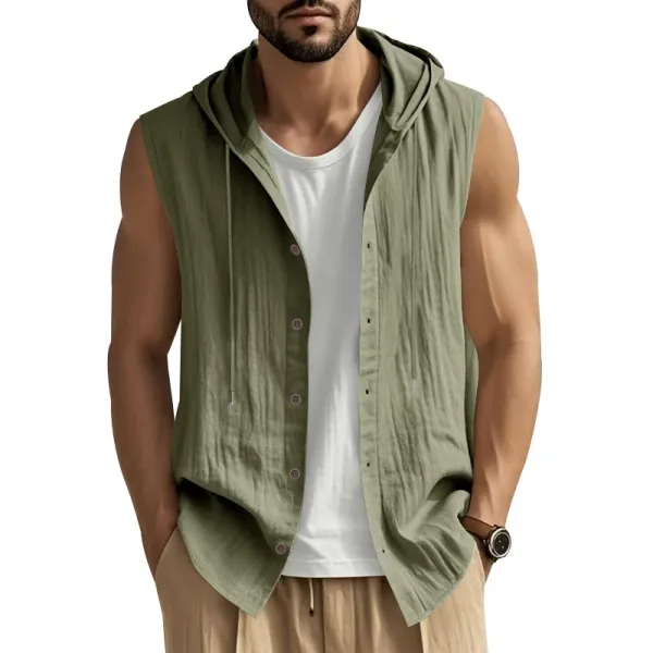 Design Sleeveless Hooded Button-Up Shirt White Tops - 20