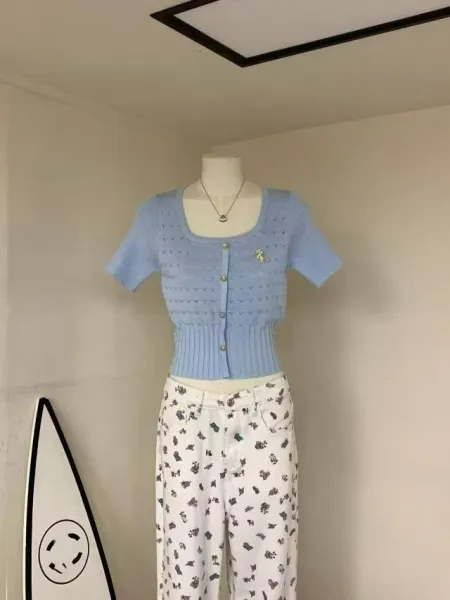 Design Knit Button-Front Top with Embroidered Detail White + Denim Mini Skirt Blue Sets - 11