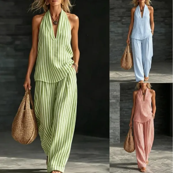 Design Striped Halter Neck Two-Piece Set Pink and White Pants Sets - 10