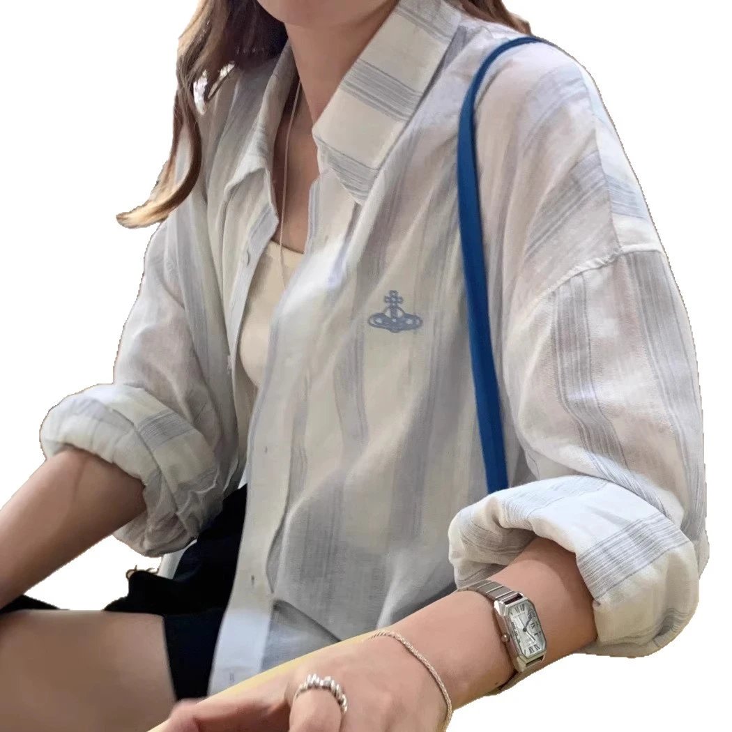 Vivienne Westwood Orb Embroidered White Blue Striped Oversized Shirt