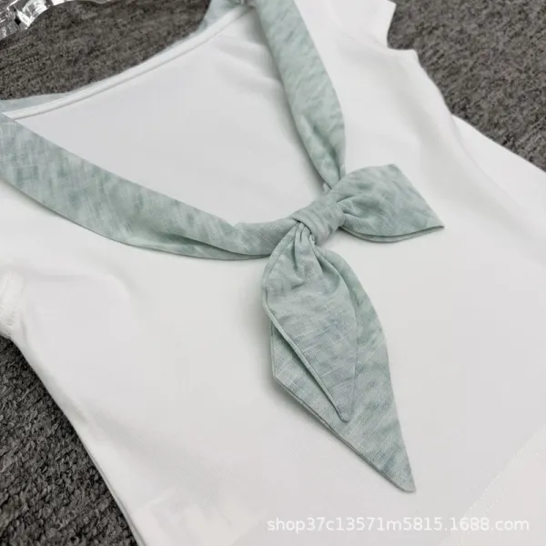 Design Bow-Neck Tie Detail White T-Shirt with Mint Green Trim - 10