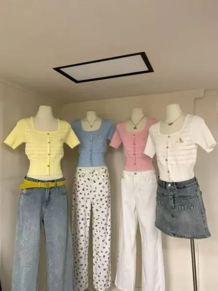 Design Knit Button-Front Top with Embroidered Detail White + Denim Mini Skirt Blue Sets - 8