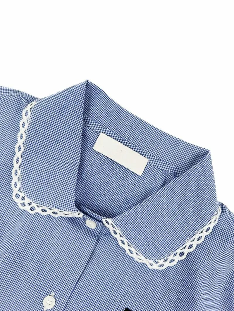 Design Gingham Check Skirt with Lace Trim Blue - 6