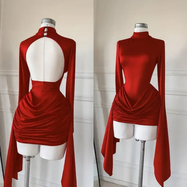 Design High-Neck Ruched Back Red Mini Dress - 5