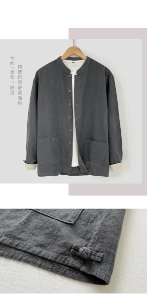 Design Mandarin Collar Linen Blend Jacket Gray Outerwear Jacket - 4