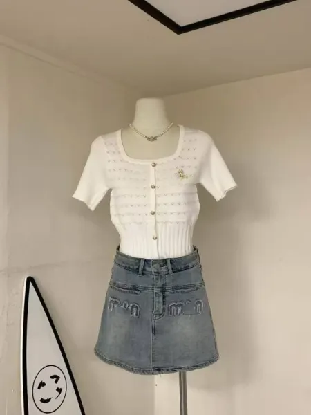 Design Knit Button-Front Top with Embroidered Detail White + Denim Mini Skirt Blue Sets - 1