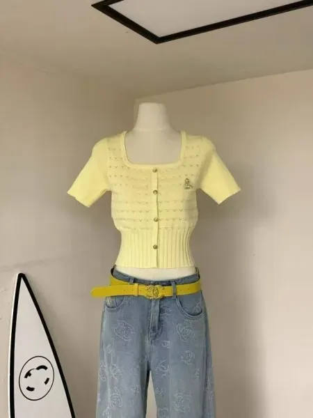 Design Knit Button-Front Top with Embroidered Detail White + Denim Mini Skirt Blue Sets - 9