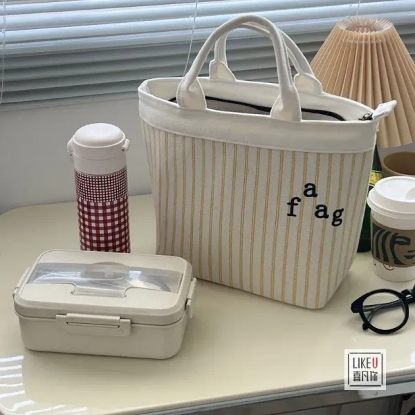 Design Striped Canvas Tote Bag with Embroidered 'a fag' Logo - 3