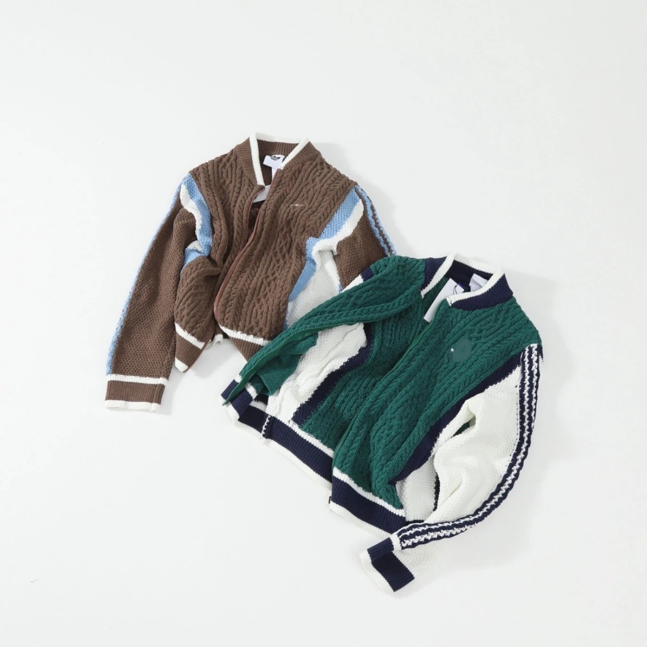 Cable Knit Varsity Jacket Brown And Green Colorblock Casual Sweater