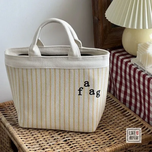 Design Striped Canvas Tote Bag with Embroidered 'a fag' Logo - 10