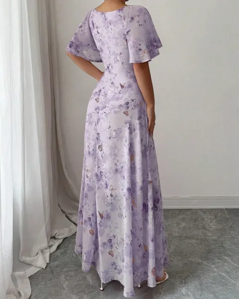 Design Floral Print Puff Sleeve Square Neck Maxi Dress - 14
