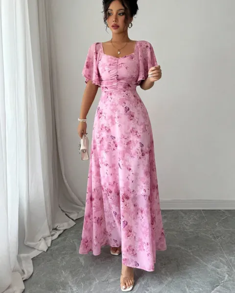 Design Floral Print Puff Sleeve Square Neck Maxi Dress - 22