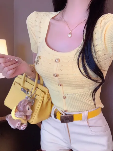 Design Knit Button-Front Top with Embroidered Detail White + Denim Mini Skirt Blue Sets - 12