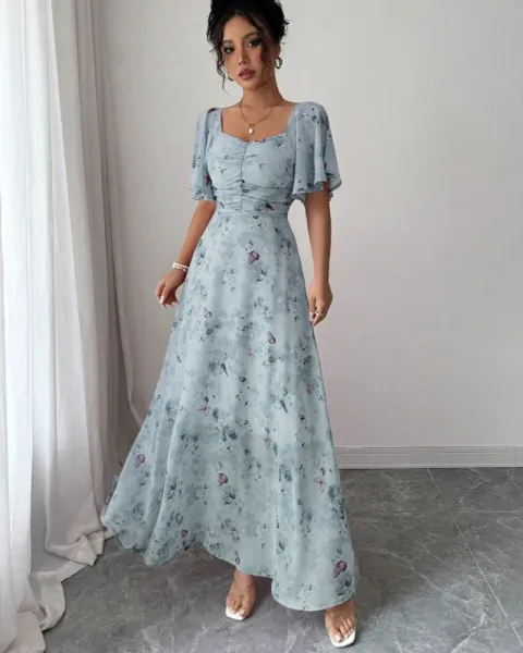 Design Floral Print Puff Sleeve Square Neck Maxi Dress - 28