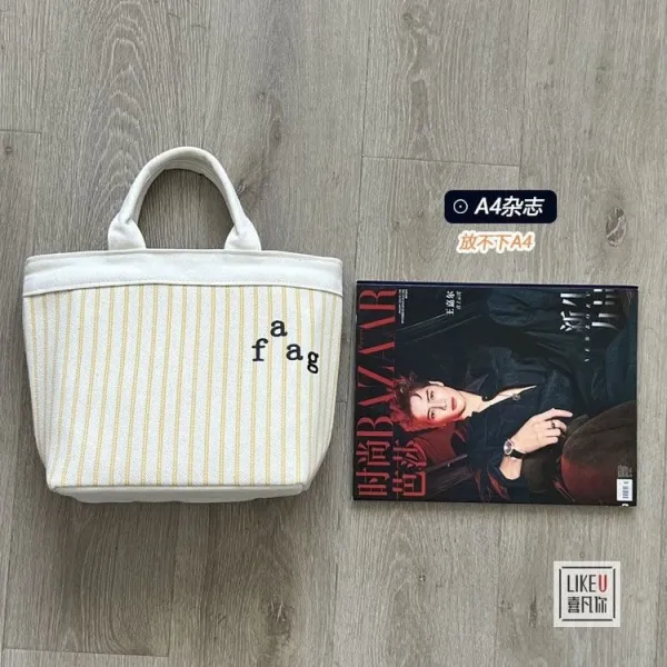 Design Striped Canvas Tote Bag with Embroidered 'a fag' Logo - 25