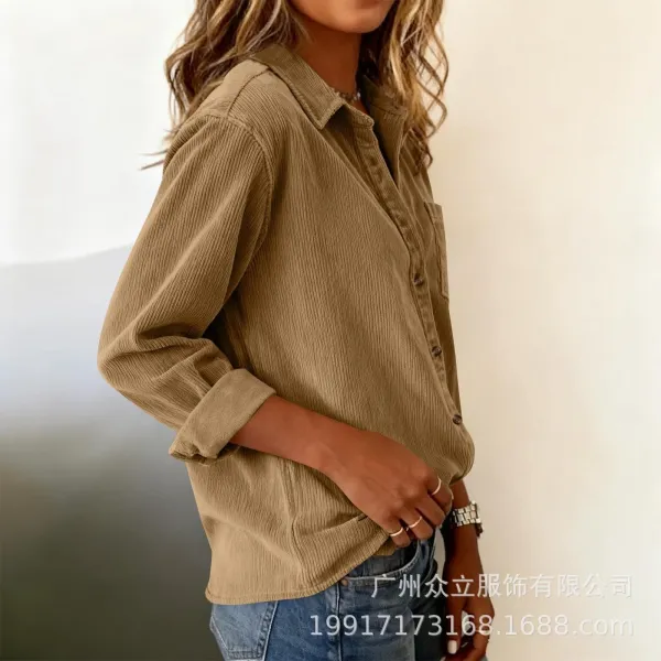 Design Corduroy Button-Up Shirt Forest Green Tops Shirt - 33
