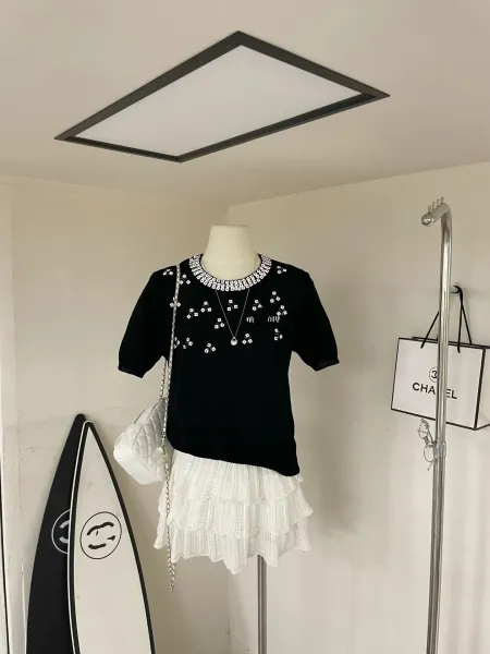 Design Knit Top with Square Embellishments White Sweater - 11