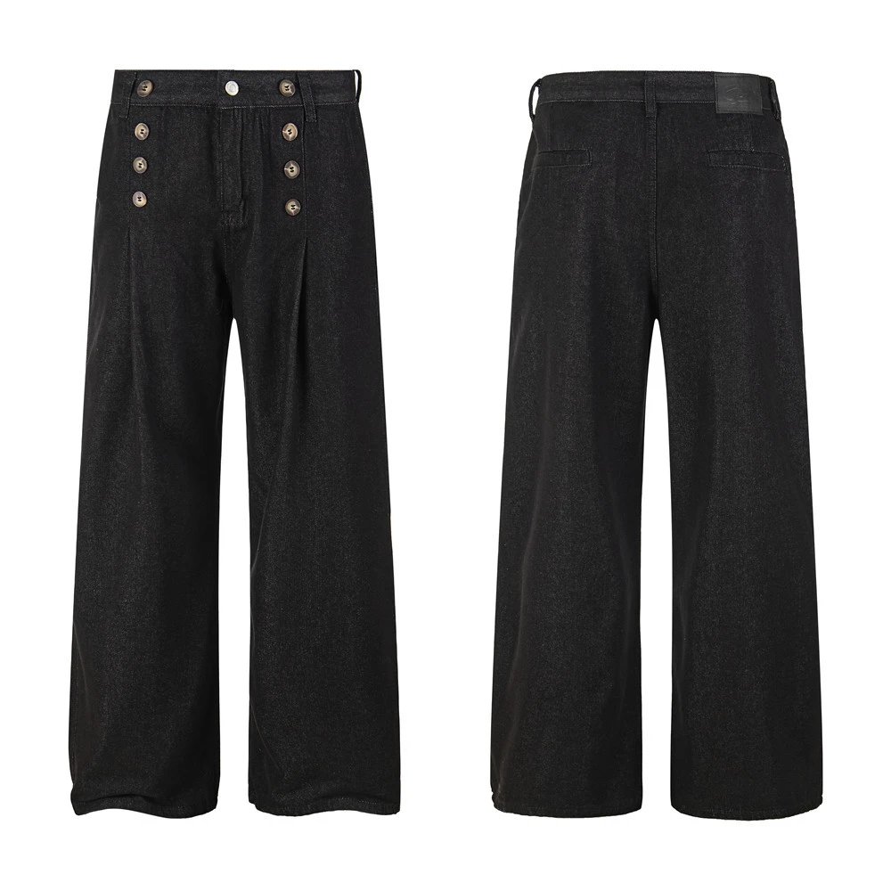 Design Wide-Leg Denim Trousers with Double-Breasted Button Detail Black Jeans - 2